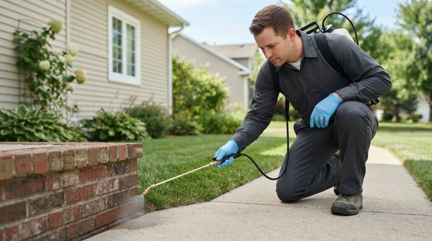 Pest control technician treating a home near Doswell, VA